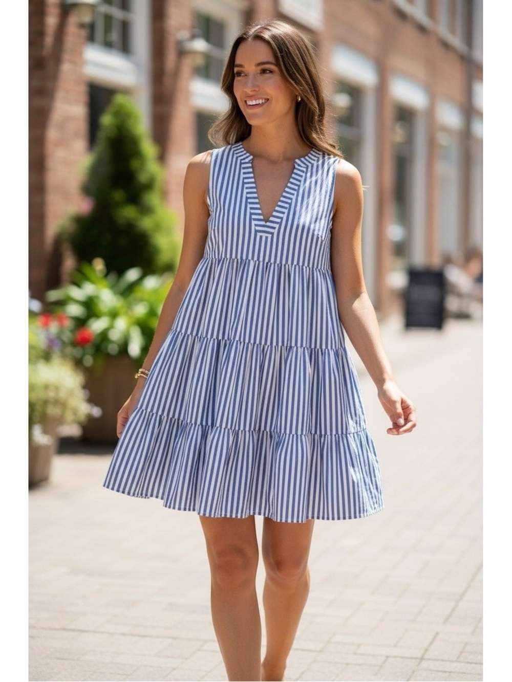 Pomander Place Blue and White Striped Tiered Mini Dress